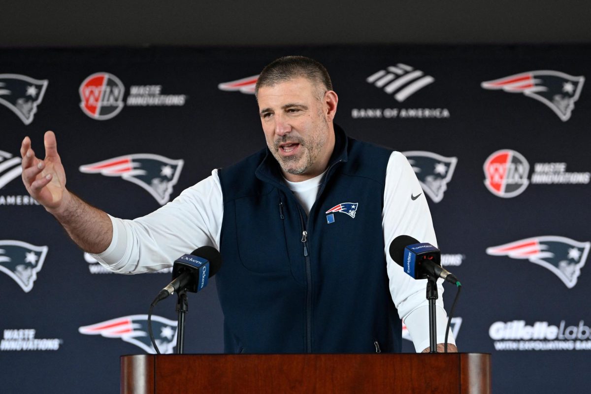 Mar 13, 2025; Foxborough, MA, USA; New England Patriots head coach Mike Vrabel discusses the team’s recent free agent additions with the media at Gillette Stadium. Mandatory Credit: Eric Canha-Imagn Images