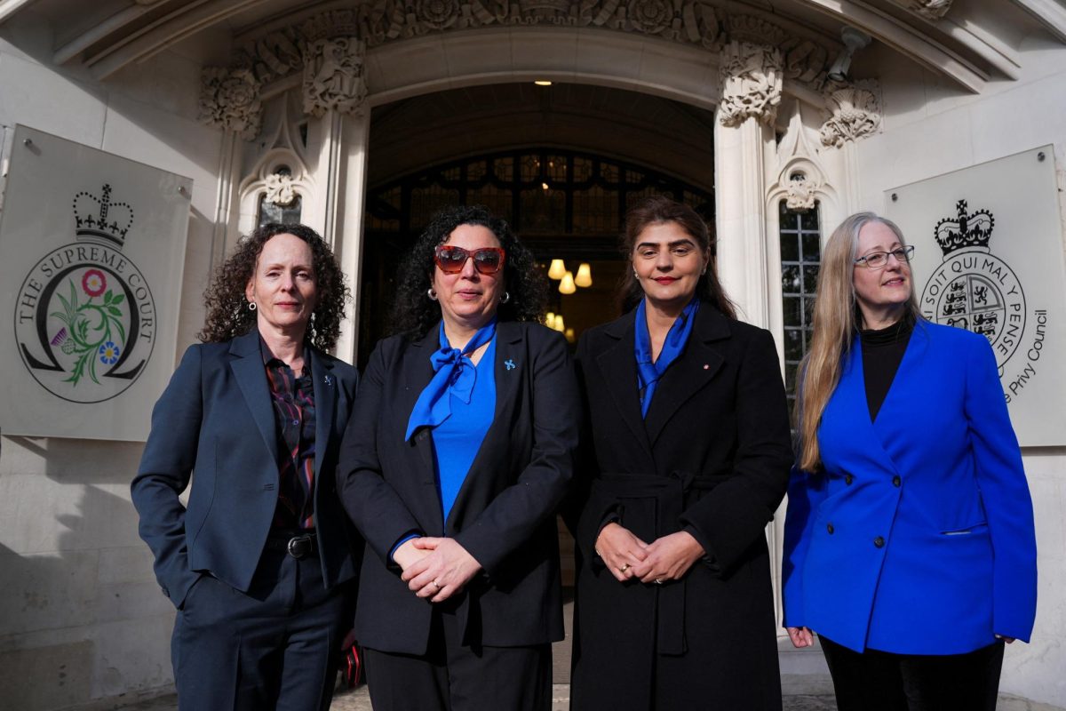 Fiona McAnena, Maya Forstater, Pam Ghosal and Helen Joyce stand outside the supreme court on the day of a ruling on an appeal by For Women Scotland on whether a person with a full Gender Recognition Certificate (GRC) recognising their gender as female is a woman under British equality laws, in London, Britain, April 16, 2025. REUTERS/Maja Smiejkowska