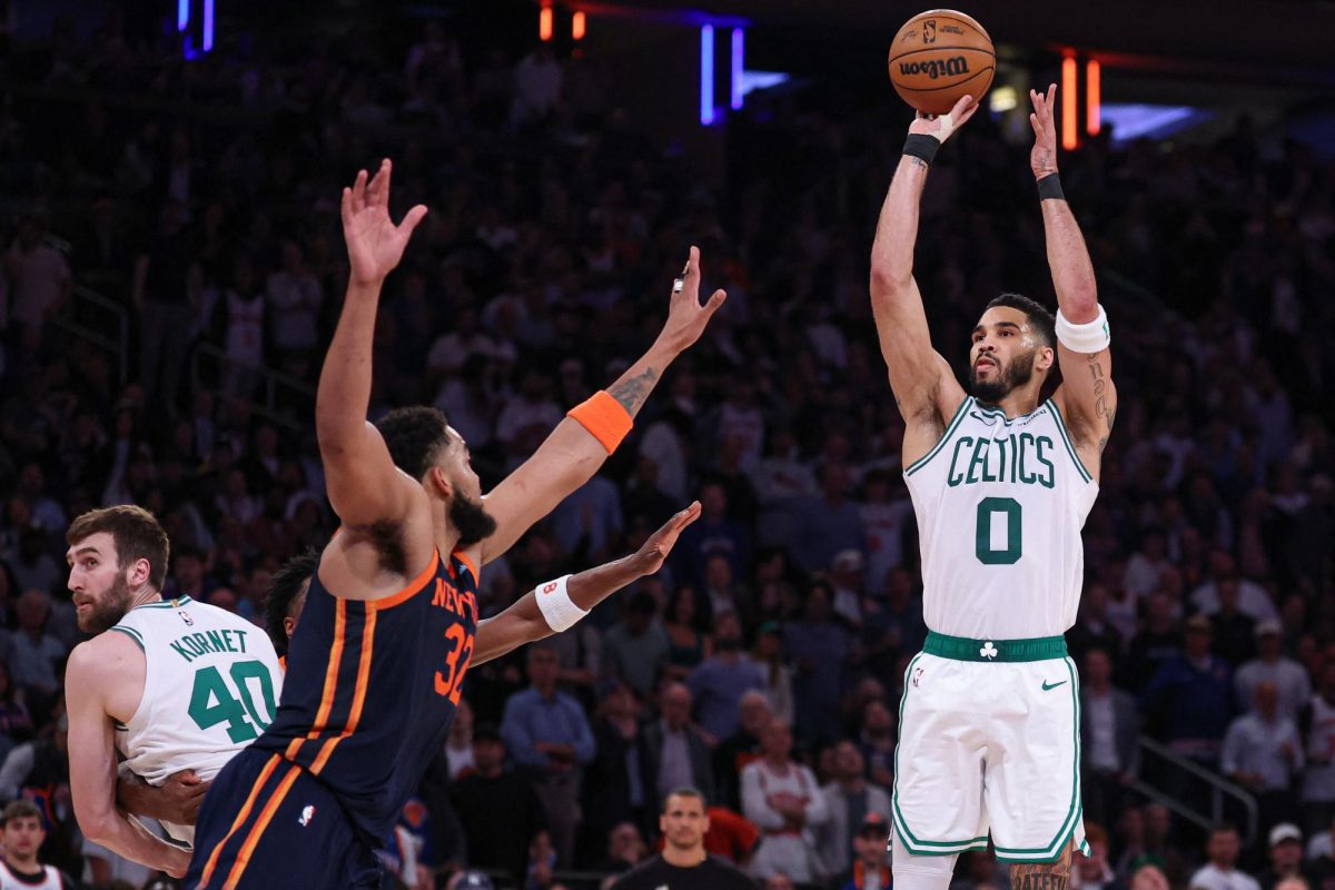 May 12, 2025; New York, New York, USA; Boston Celtics forward Jayson Tatum (0) shoots the ball as New York Knicks center Karl-Anthony Towns (32) defends in the second half during game four of the second round for the 2025 NBA Playoffs at Madison Square Garden. Mandatory Credit: Vincent Carchietta-Imagn Images/ File Photo
